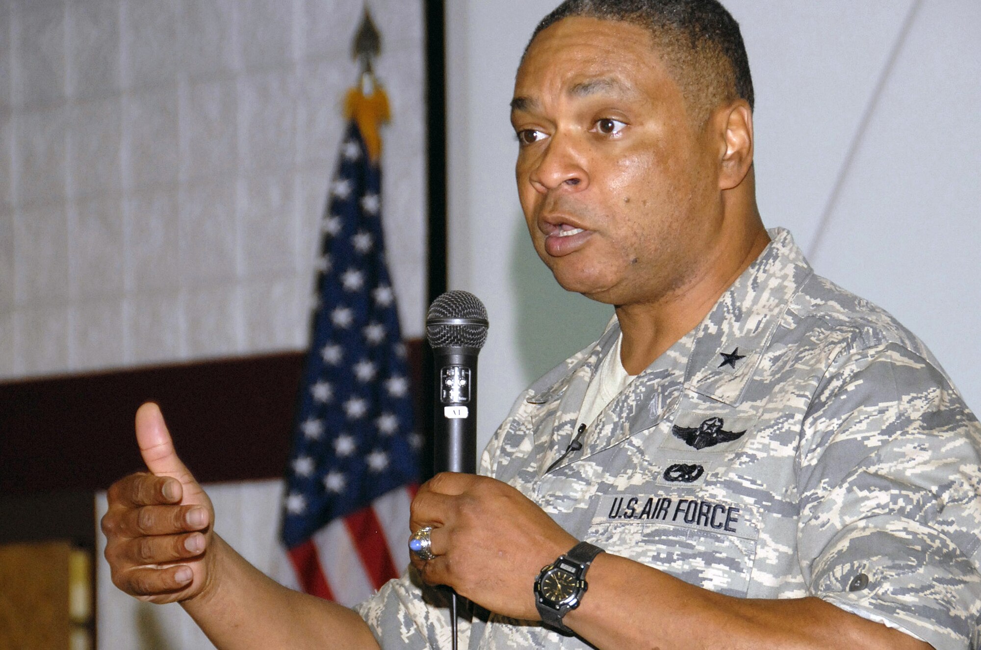 Brig. Gen. Garry C. Dean, the Air Force's deputy inspector general, speaks with Air National Guard adjutants general, wing commanders, command chief master sergeants and other Guardsmen from around the nation Aug. 12 during the Air Guard's 2008 Leadership Summit at the Volk Field Combat Readiness Training Center in Wisconsin.  The five-day summit carried a theme of "A look at safety, culture and other challenges."  (U.S. Air Force photo/Air Force Master Sgt. Paul Gorman, Wisconsin Air National Guard) 