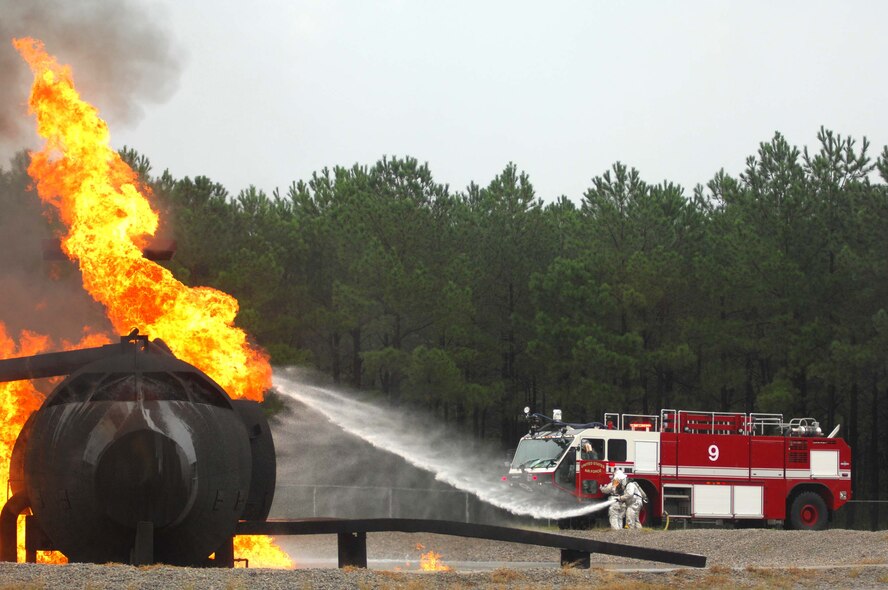SHAW AIR FORCE BASE, S.C. -- 20th Civil Engineer Squadron firefighters extinguish a controlled aircraft fire during a Phase II Operational Readiness Exercise Aug. 26. An ORE helps firefighters along with other 20th Fighter Wing Airmen prepare for tasks they could experience during real world deployments. (U.S. Air Force photo/Senior Airman Matthew Davis) 