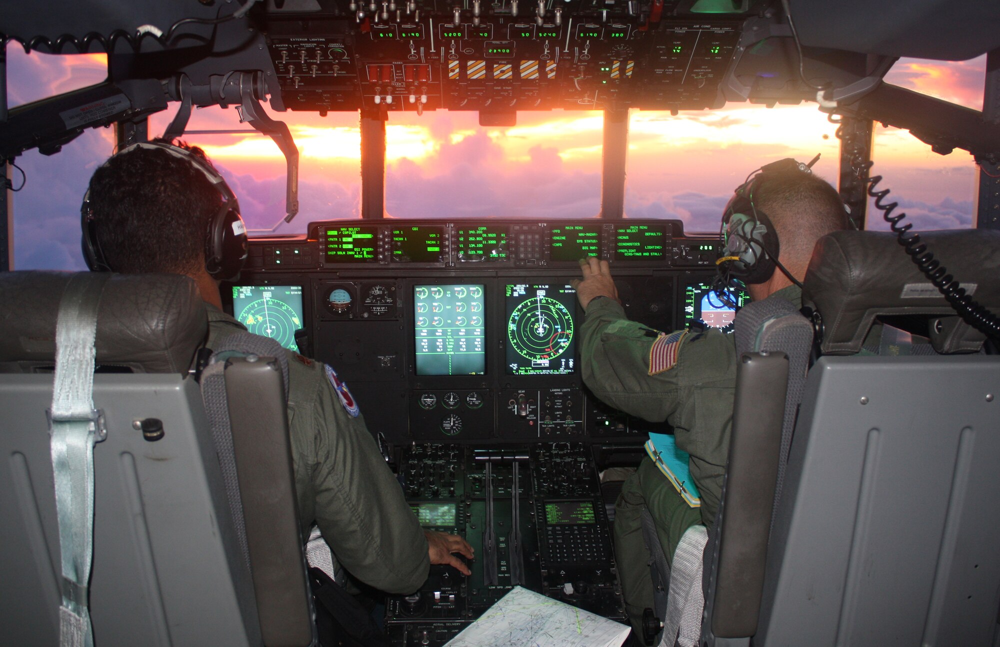 Maj. J.D. Haig (left) and Lt. Col. Troy Anderson, 53rd Weather Reconnaissance Squadron pilots, patrol Tropical Storm Gustav during a mission out of Homestead Air Reserve Base on Aug. 27. The Hurricane Hunters are the only operational unit in the world flying weather reconnaissance on a routine basis. They provide surveillance of tropical storms and hurricanes in the Atlantic, Caribbean, Gulf of Mexico and Central Pacific for the National Hurricane Center. (U.S. Air Force photo/Staff Sgt. Erik Hofmeyer)