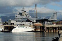An F-15 Eagle sits on the cargo pier Aug. 26 at Hickam Air Force Base, Hawaii. The aircraft was from the 199th Fighter Squadron of the Hawaii Air National Guard. (U.S. Air Force photo/Master Sgt. Robert Burgess) 