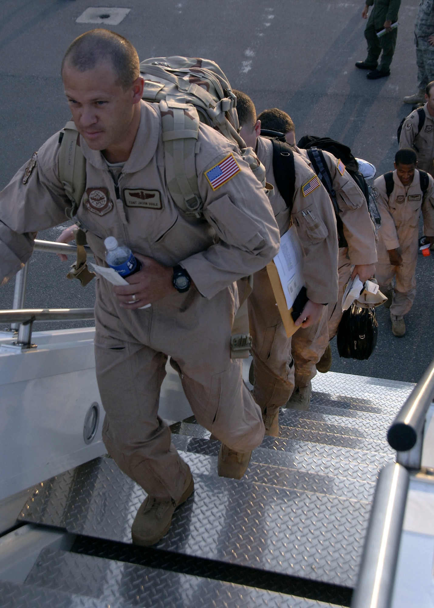 Airmen from the 15th Airlift Squadron, 437th Operations Support Squadron and 437th Maintenance Group deploy Aug. 27 from Air Force Base, S.C. Airmen are deploying to a forward-deployed location in Southwest Asia as part of operations Enduring Freedom and Iraqi Freedom. (U.S. Air Force photo/Airman 1st Class Timothy Taylor) 
