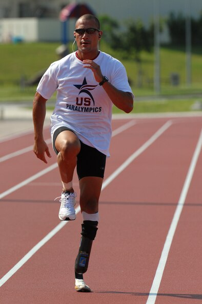 KADENA AIR BASE, Japan -- Marlon Shirley, a member of the U.S. Paralympics team, practices his stride during a training session Aug. 28. More than 100 athletes and support staff from the U.S. Paralympics track and field and swim teams arrived Aug. 24 to live and train for the next 10 days in preparation for the 2008 Paralympic Games held in Beijing, China Sept. 6. (U.S. Air Force photo/Airman 1st Class Chad Warren)