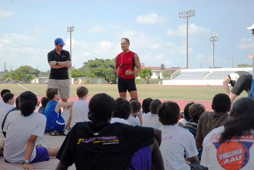 KADENA AIR BASE, Japan -- U.S. Paralympian Marlon Shirley tells students about overcoming tragedy on Aug. 28. More than 100 athletes and support staff from the U.S. Paralympics track and field and swim teams arrived Aug. 24 to live and train for the next 10 days in preparation for the 2008 Paralympic Games held in Beijing, China Sept. 6. (U.S. Air Force photo/Airman 1st Class Amanda Grabiec)