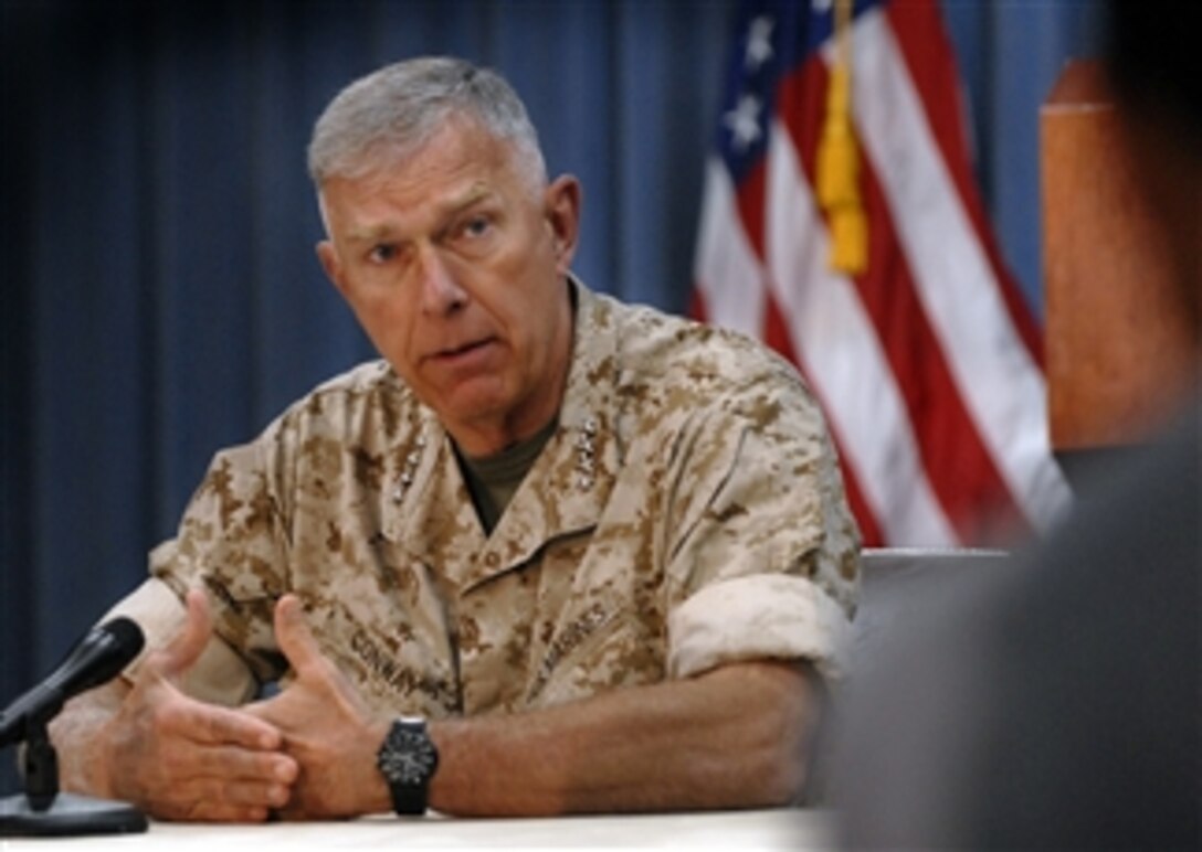 Commandant of the Marine Corps Gen. James T. Conway answers questions from reporters during a media roundtable in the Pentagon on Aug. 27, 2008.  Conway held the press conference to discuss Marine Corps issues and programs.  