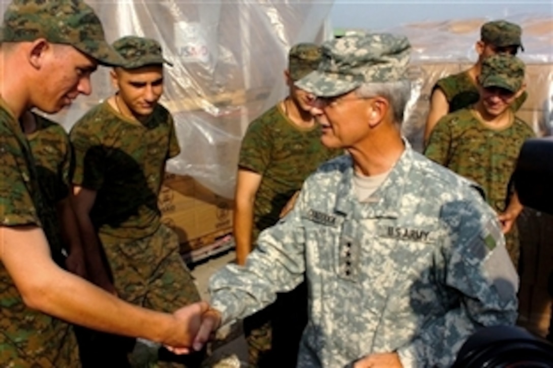 U.S. Army Gen. Bantz J. Craddock, commander, U.S. European Command, speaks to Georgian soldiers Aug. 21, 2008. The Georgian soldiers are working hand-in-hand with U.S. soldiers in providing humanitarian assistance. 