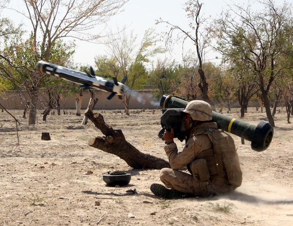 Lance Cpl. Ray Alvarado, a vehicle commander assigned to Weapons Company, Task Force 2nd Battalion, 7th Marine Regiment, 1st Marine Division, and a Fillmore, Calif., native, fires a Javelin missile at enemy targets during an assault on a Taliban-held compound Aug. 28.