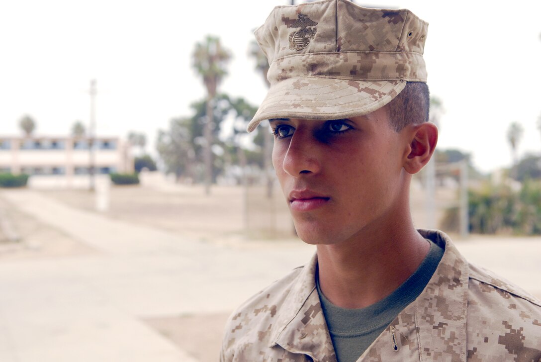Pvt. James Akhnana, Platoon 3271, Company M, awaits orders from his drill instructor to attend the Warrior’s Breakfast at the Edson Range chow hall at Marine Corps Base Camp Pendleton, Calif., Aug. 28. Akhnana, 19, joined the Marine Corps to better himself and his family.