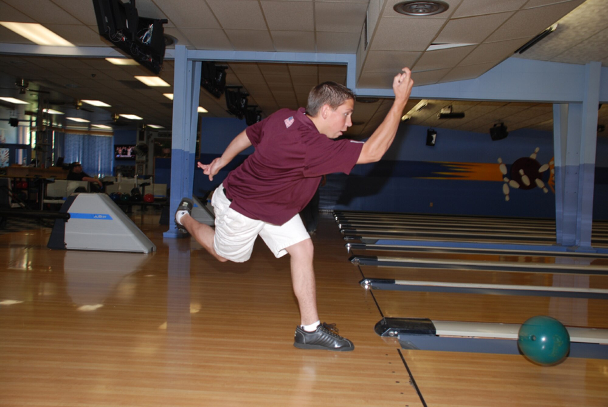 Drake Guerra practices his bowling at Warren Lanes Aug. 19. Mr. Guerra recently returned from a world-wide competition in July. (Photo by 2nd Lt. Brooke Brzozowske)