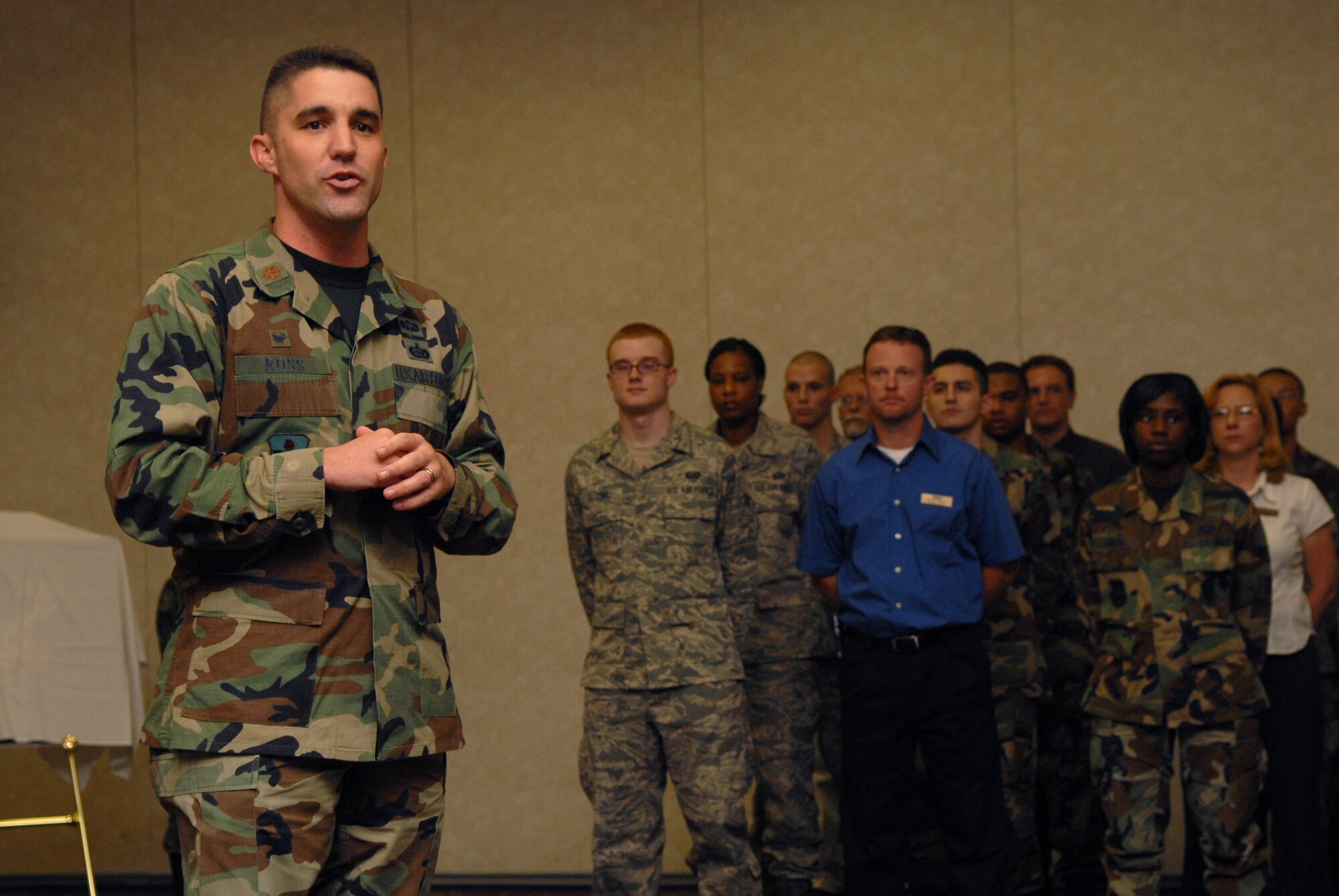 Two of Team Goodfellow’s most visable units merged in a ceremony Aug. 22 at the Goodfellow Event Center. Major Clinton Ross took command of the 17th Force Support Squadron, which combined the duties and personnel from the 17th Mission Support Squadron and the 17th Services Division. During the ceremony, personnel from the 17 MSS and 17 SVS symbolically merged their two formations into one. Colonel Ada Conlan, 17th Mission Support Group commander, presided over the ceremony. The 17 FSS, like its predecessors, is assigned to the 17 MSG. (U.S. Air Force photo by Senior Airman Kasabyan Musal)