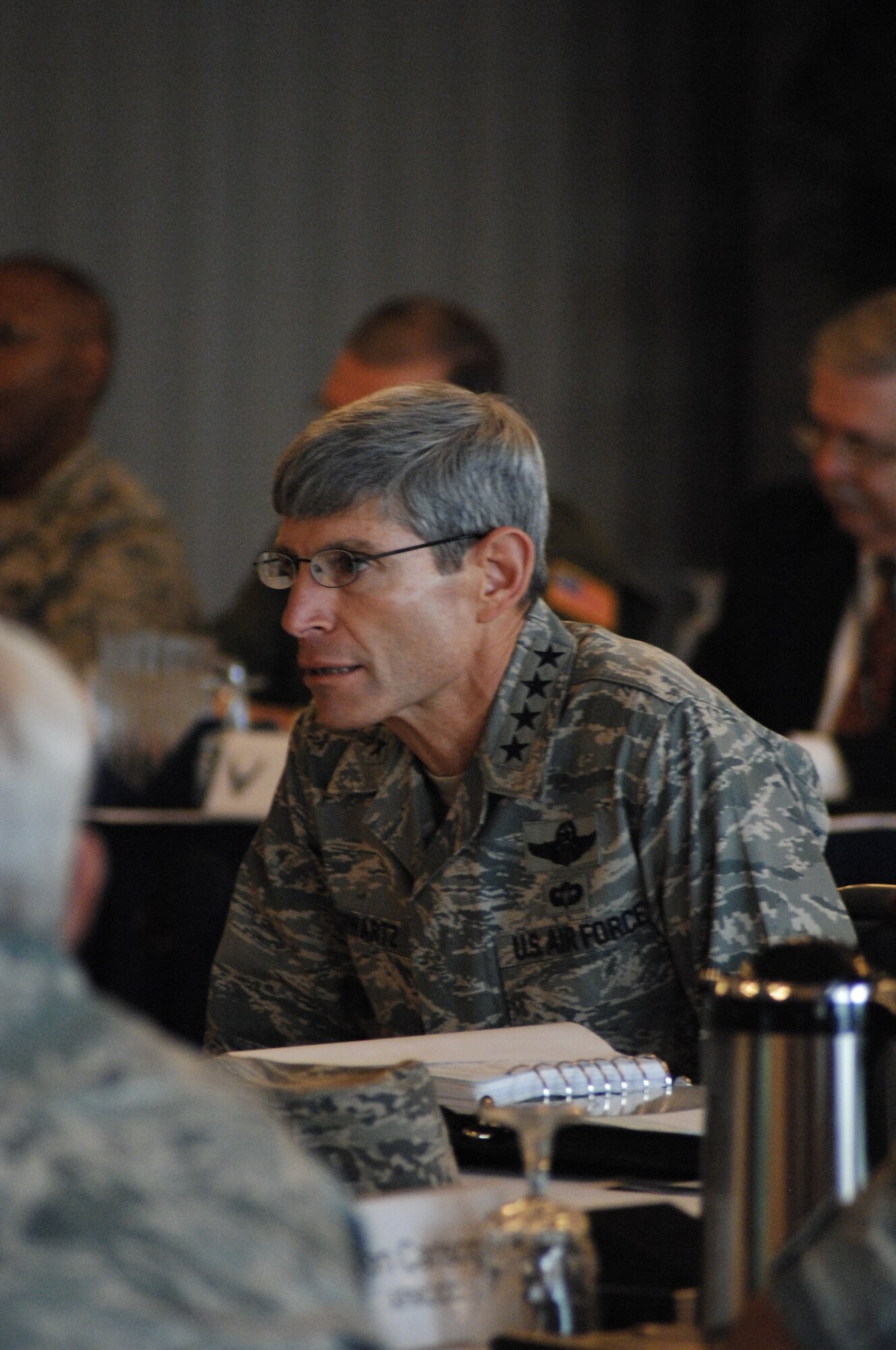 Air Force Chief of Staff Gen. Norton A. Schwartz listens to a briefer at the strategic summit with other senior Air Force leaders Aug. 27, at Bolling Air Force Base, D.C. (U.S. Air Force photo/Andy Morataya)
