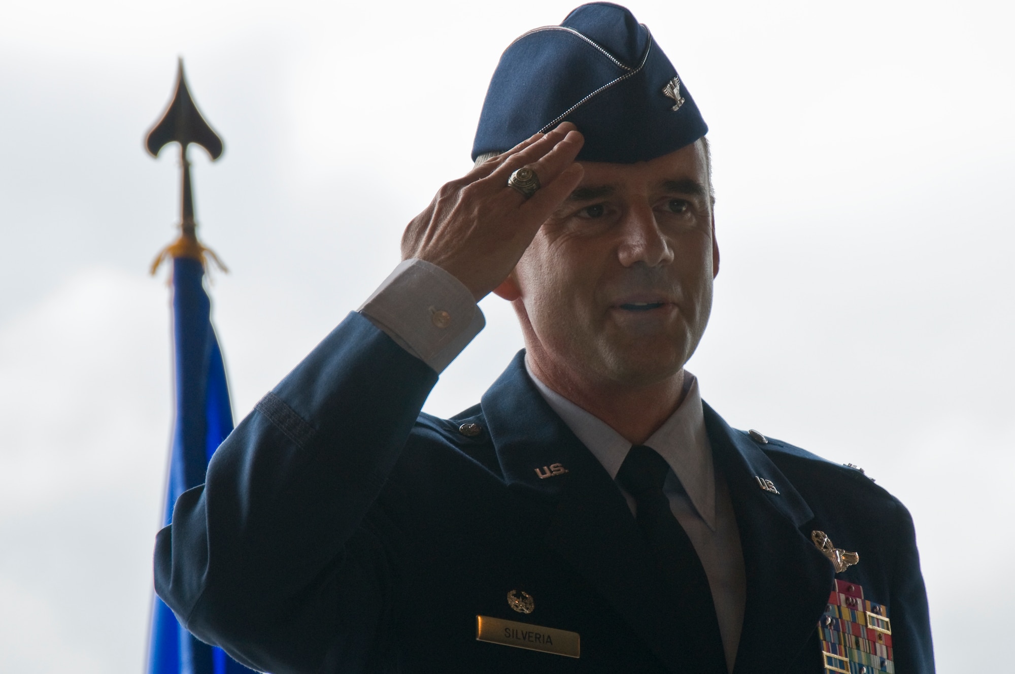 Col. Jay Silveria, 48th Fighter Wing commander salutes RAF Lakenheath personnel for the first time as commander, Aug. 29 at RAF Lakenheath, England.  (U.S. Air Force photo by Airman Perry Aston)