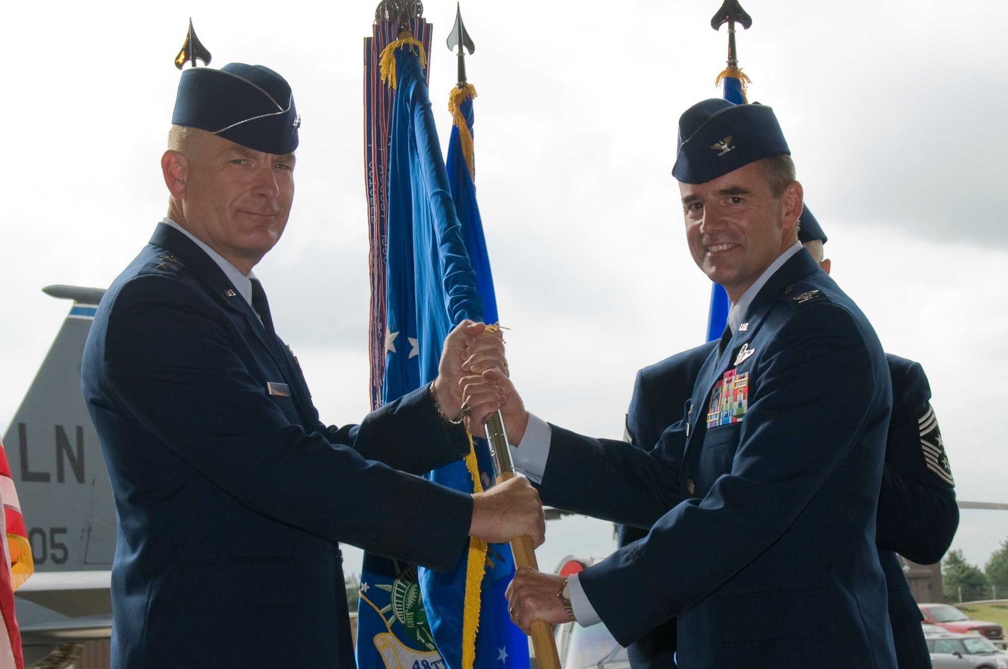 Col. Silveria assumed command from Maj. Gen. Jack Egginton, 3rd Air Force vice commander, Aug. 29 at RAF Lakenheath, England. (U.S. Air Force photo by Airman Perry Aston)
