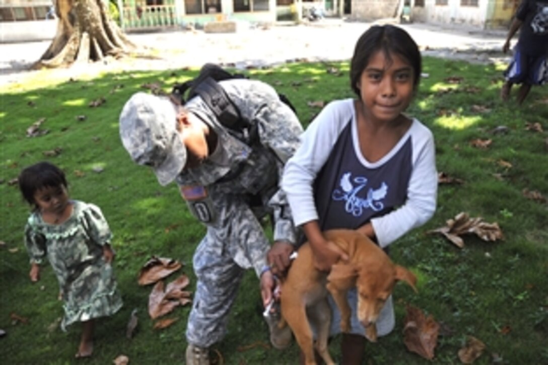U.S. Army Staff Sgt. Francesca Ross vaccinates a dog during a veterinary civic action program on the island of Romonum in Chuuk, Federated States of Micronesia, Aug. 28, 2008, as part of Pacific Partnership 2008, a multinational humanitarian and training mission. 