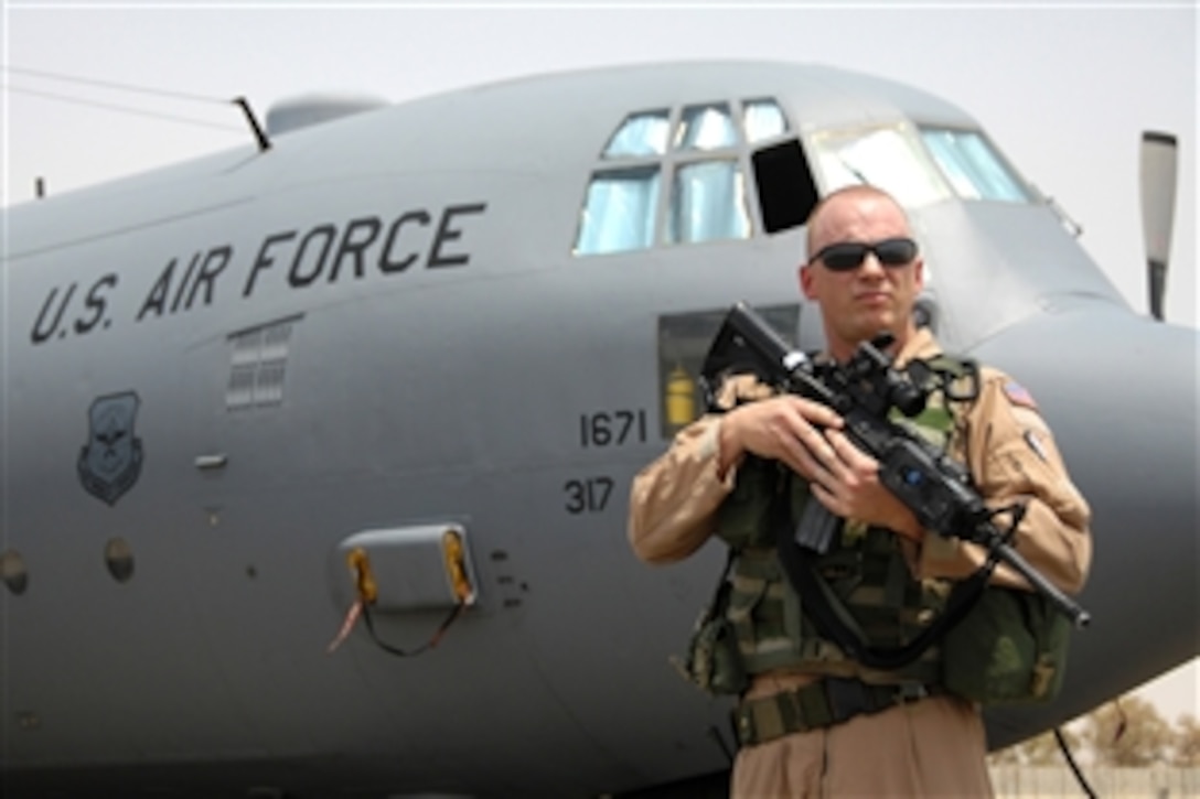 U.S. Air Force Tech. Sgt. James Seidel provides front security for a C-130 during a Fly Away Security Team training exercise, Aug. 24, 2008,  at an air base in Southwest Asia. The FAST mission is to protect the aircraft and its crew at all areas throughout the U.S. Central Command area of responsibility. Seidel is deployed from Nellis Air Force Base, Nev. 
