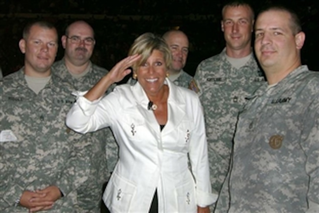 Personal finance expert and motivational speaker Suze Orman frequently takes calls from servicemembers on CNBC’s “The Suze Orman Show,” and she has reached out to troops by making speaking appearances at bases and by being involved in the www.militarysaves.com campaign. 
