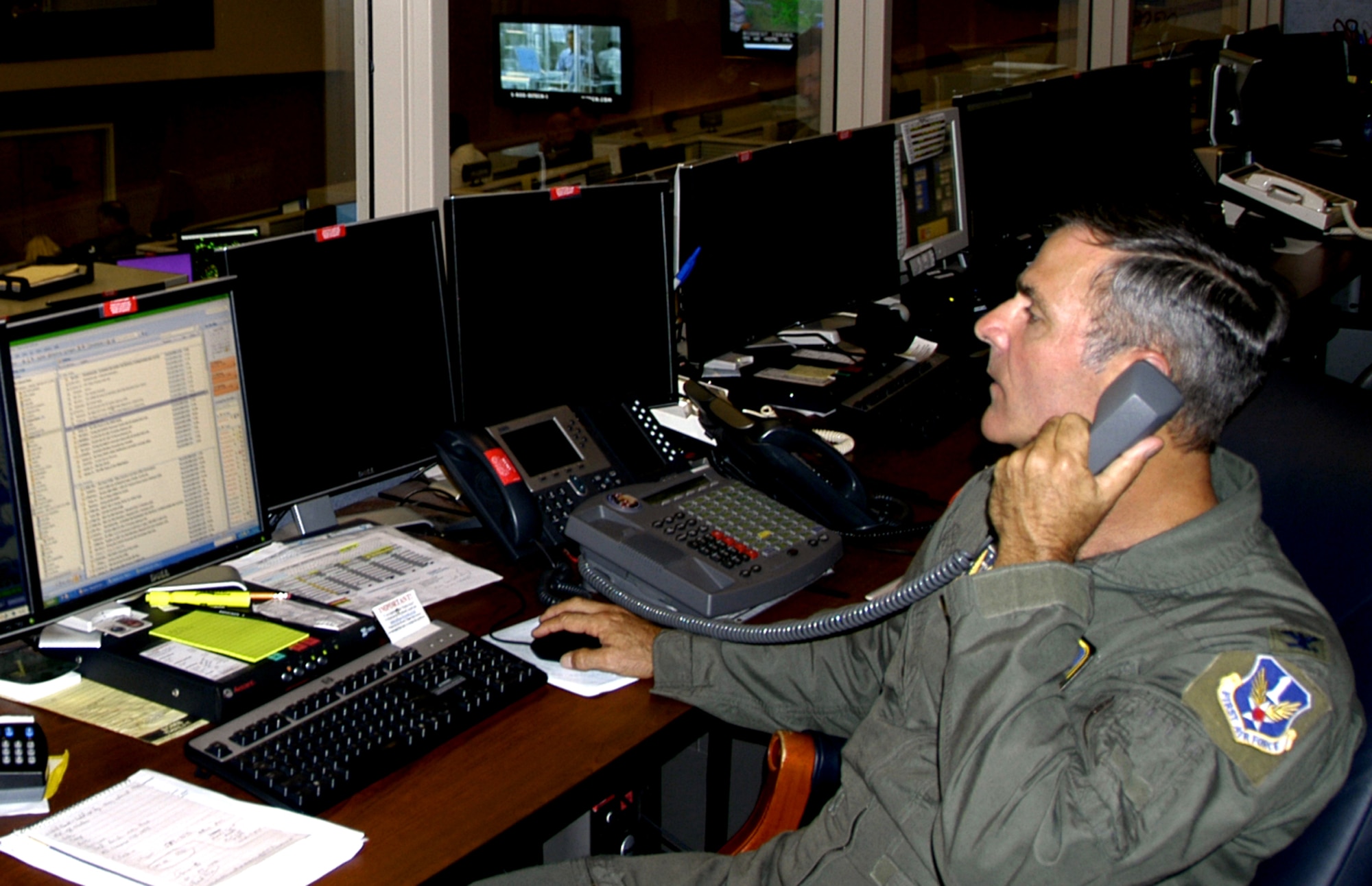 Col. Michael Hare, AFNSEP director, monitors Hurricane Gustav on the Operations Floor of America's AOC prior to landfall. AFNEP is in charge of the deployment of Emergency Preparedness Liaison Officers, when requested, to coordinate military assets to support civil authorities.                                
