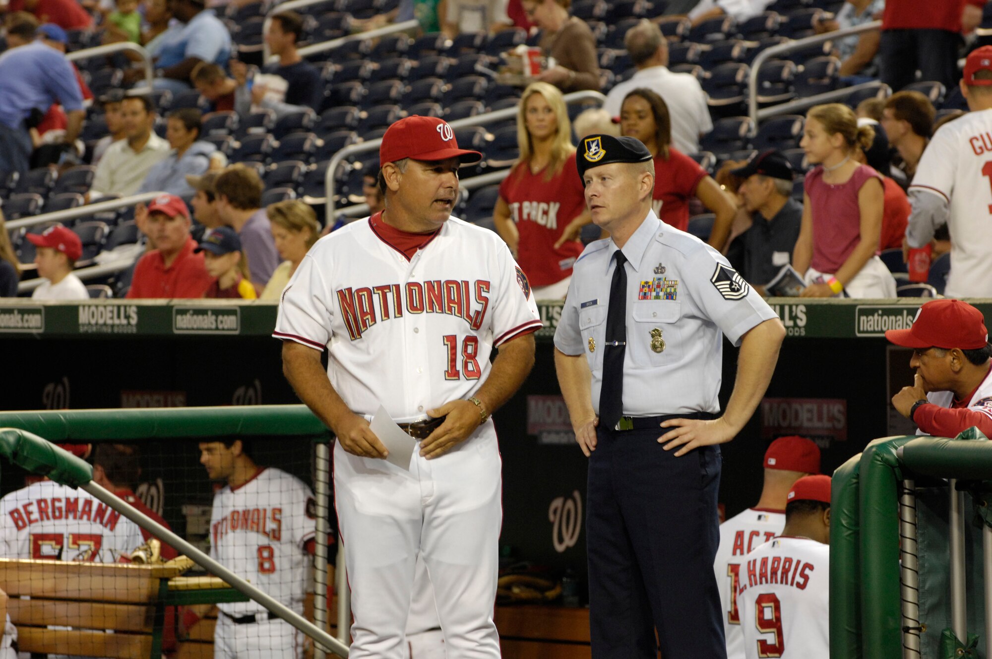 Master Sgt. Greg Brock speaks to Washington Nationals third base coach Tim Tolman during the Washington Nationals Air Force Appreciation Night held Aug. 29 at Nationals Park in Washington, D.C. This was the first time the Washington Nationals Major League Baseball team held an event honoring the Air Force at the new park. (U.S. Air Force photo/Senior Airman Marleah Miller)