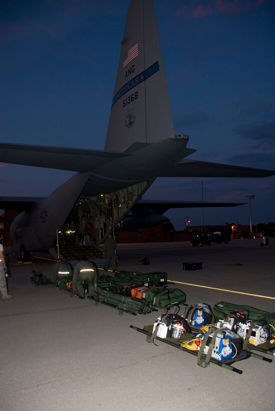 Members from the 118th Aeromedical Evacuation Squadron from the Nashville Air National Guard, Nashville, Tennesse, load medical supplies onto a C-130 aircraft from the 136th Airlift Wing, Texas Air National Guard in preparation for Hurricane Gustav. The 181st Airlift Squadron crews flew the medical crews from Nashville,TN to Fort Worth,Texas,August 29, 2008.(USAF photo by MSgt Michael Lachman)