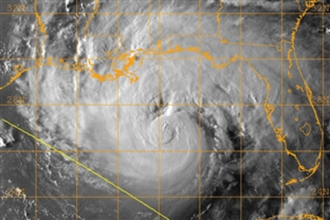 An infrared satellite image provided by the U.S. Naval Research Laboratory in Monterey, Calif., shows Tropical Storm Gustav in the Gulf of Mexico at about 10 p.m. EDT, Aug. 31, 2008. National Guard personnel have been working with local, state and federal officials to evacuate New Orleans and prepare for the storm.