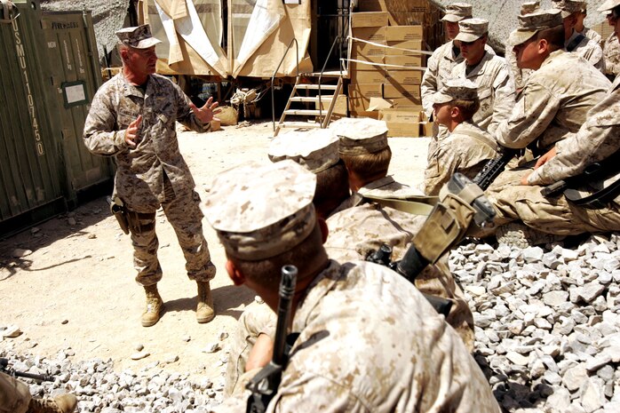 Lieutenant Gen. Samuel T. Helland, commander of Marine Corps Forces Central Command, talks to Marines during his Aug. 31 visit to Forward Operating Base Delaram, Afghanistan. (Official U.S. Marine Corps photo by Cpl. Ray Lewis)