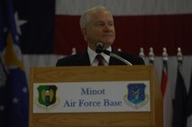 Secretary of Defense Robert M. Gates addresses Airmen at Minot AFB Dec. 1.