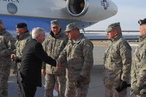 Secretary of Defense Robert M. Gates arrives at Minot AFB Dec. 1.