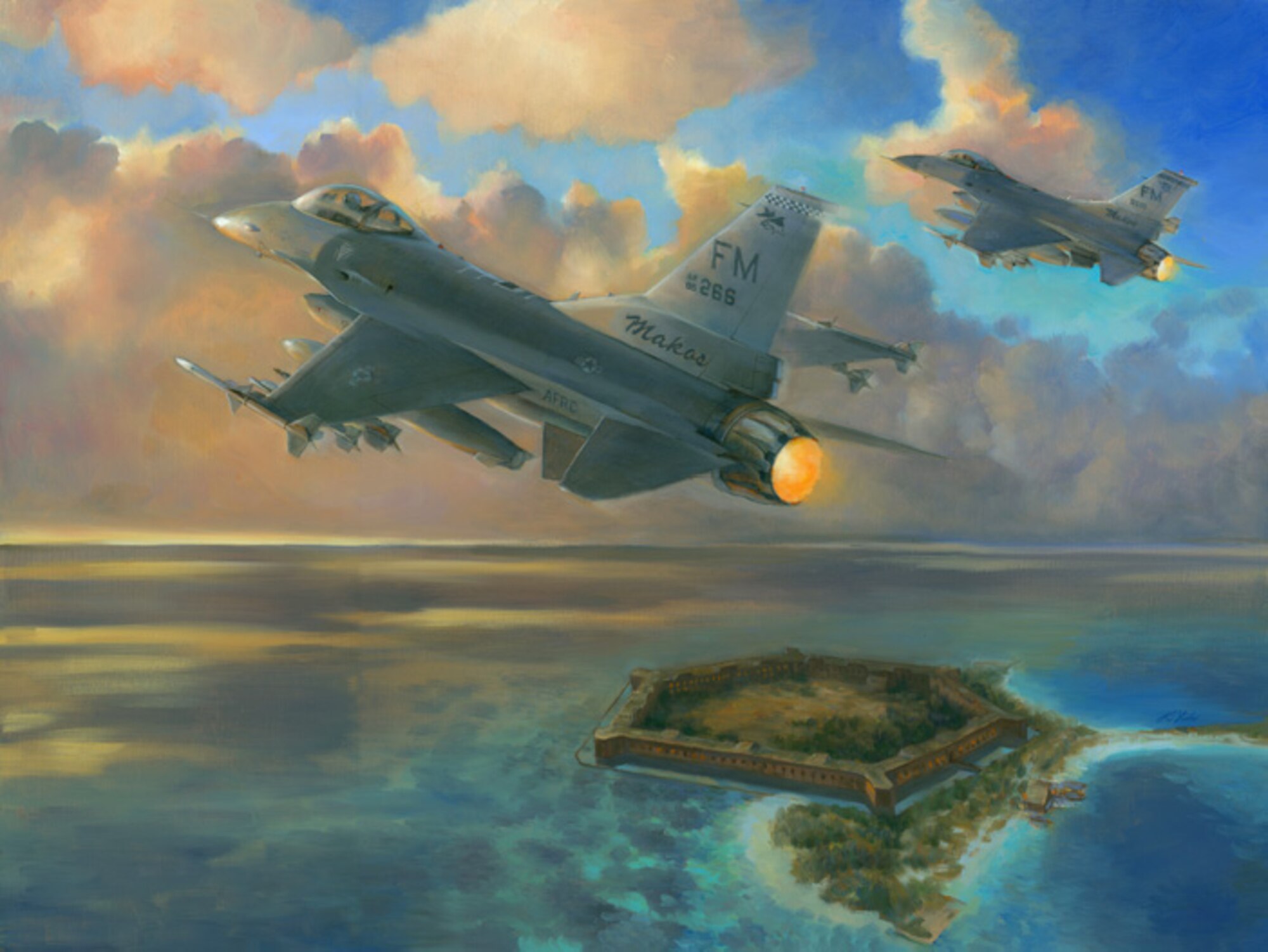 F-16's from the 482nd Fighter Wing, Homestead Air Reserve Base, Fla., fly over Ft. Jefferson, Dry Tortugas National Park. (U.S. Air Force graphic art/Robert G. Steele)