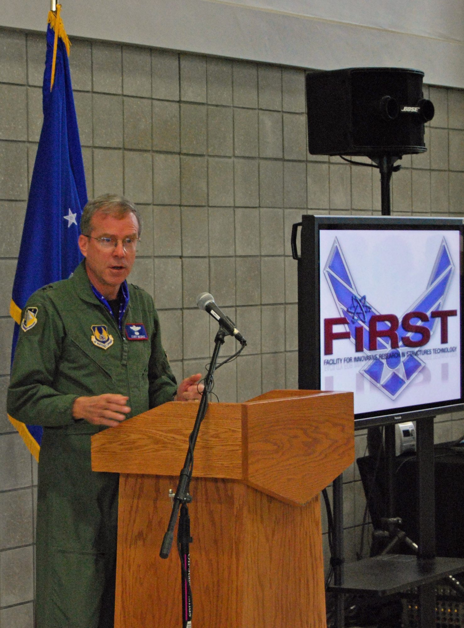Air Force Research Laboratory commander Maj. Gen. Curtis M. Bedke speaks during the Nov. 19 ribbon cutting at the Facility for Innovative Research in Structures Technology (FIRST), a $3 million in-house experimental validation facility at Wright-Patterson Air Force Base, Ohio. Research has already begun in the facility, which is expected to reach full operational capability by January 2009. (U.S. Air Force photo/Justin Earley)