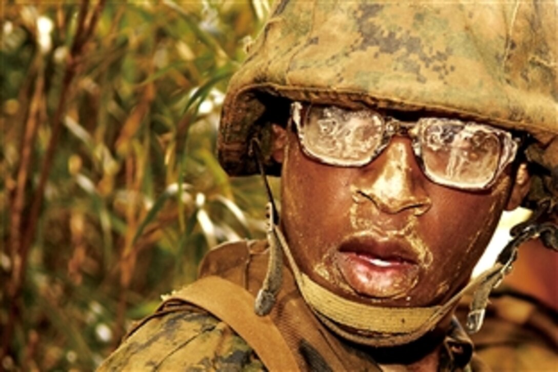 U.S. Marine Pfc. Jonathan Bolden stops to catch his breath after carrying a simulated casualty through thick mud and over the steep hills of the Jungle Warfare Training Center on Camp Gonsalves in Okinawa, Japan, Nov. 21, 2008. Bolden is a ground sensor operator assigned to the Ground Sensor Platoon, 3rd Marine Intelligence Battalion, III Marine Expeditionary Force.
