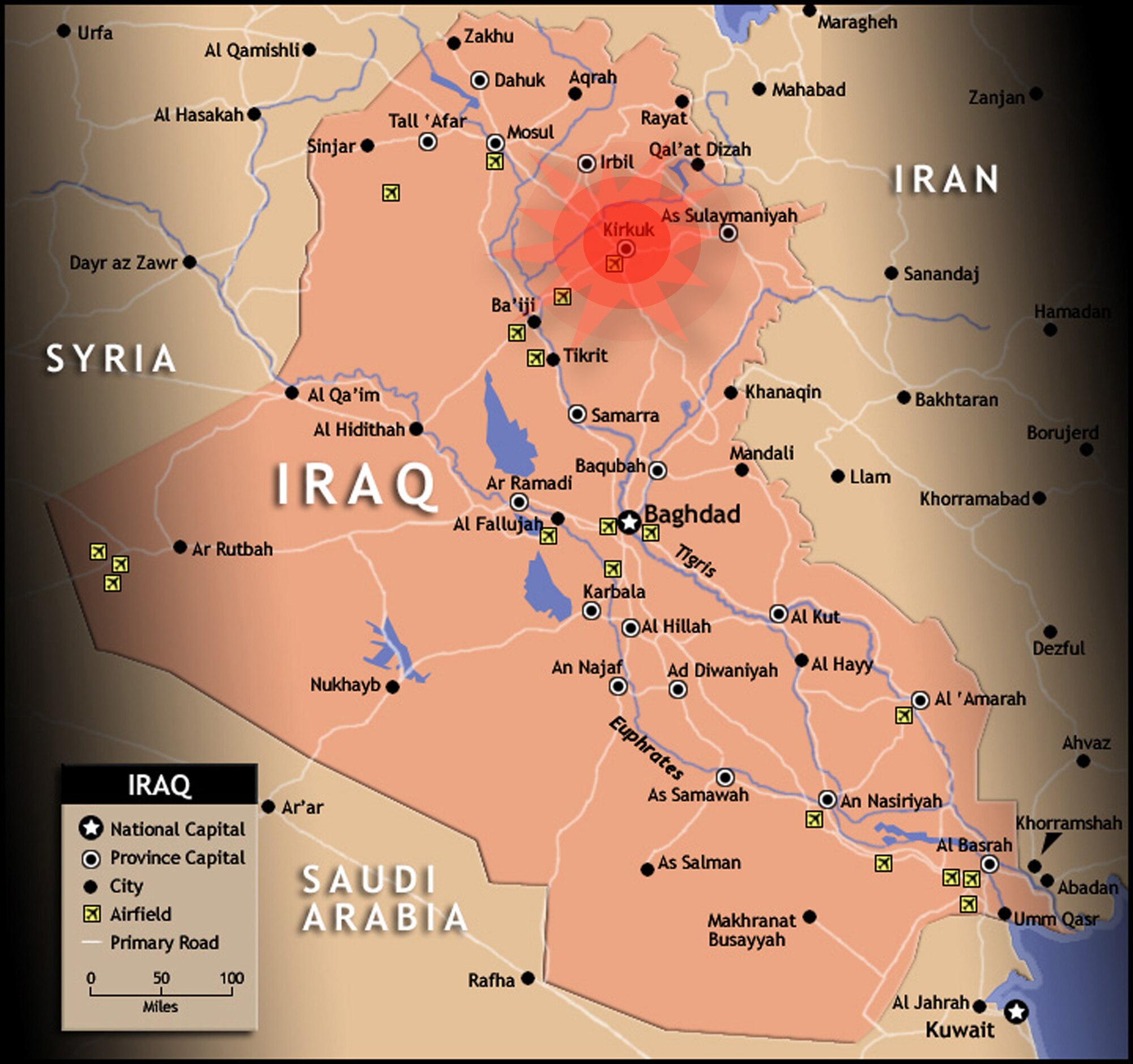 In this map of Iraq and outlying nations, the city of Kirkuk and its surrounding areas has been highlighted. Approximately 80 security forces Airmen from three Colorado Air Force Reserve units departed July 27 from Peterson Air Force Base, Colo. They are deployed in support of Operation Iraqi Freedom. (U.S. Air Force graphic)