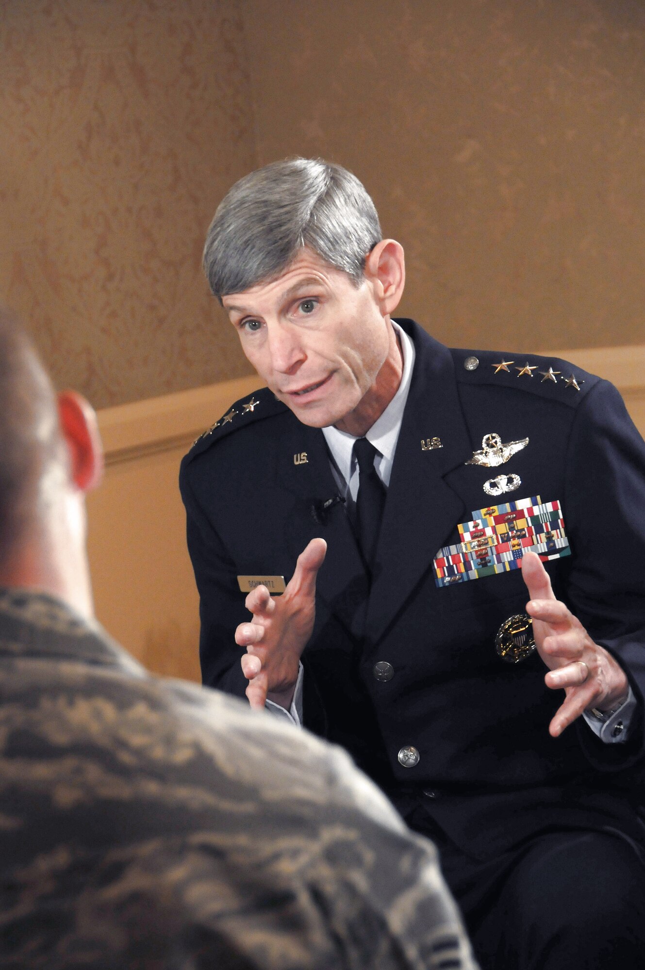 Air Force Chief of Staff Gen. Norton Schwartz discusses the way ahead for the Air Force with Staff Sgt. Matt Bates, Defense Media Activity - San Antonio, during a recent interview.  (U.S. Air Force photo/Capt. Shannon Collins)