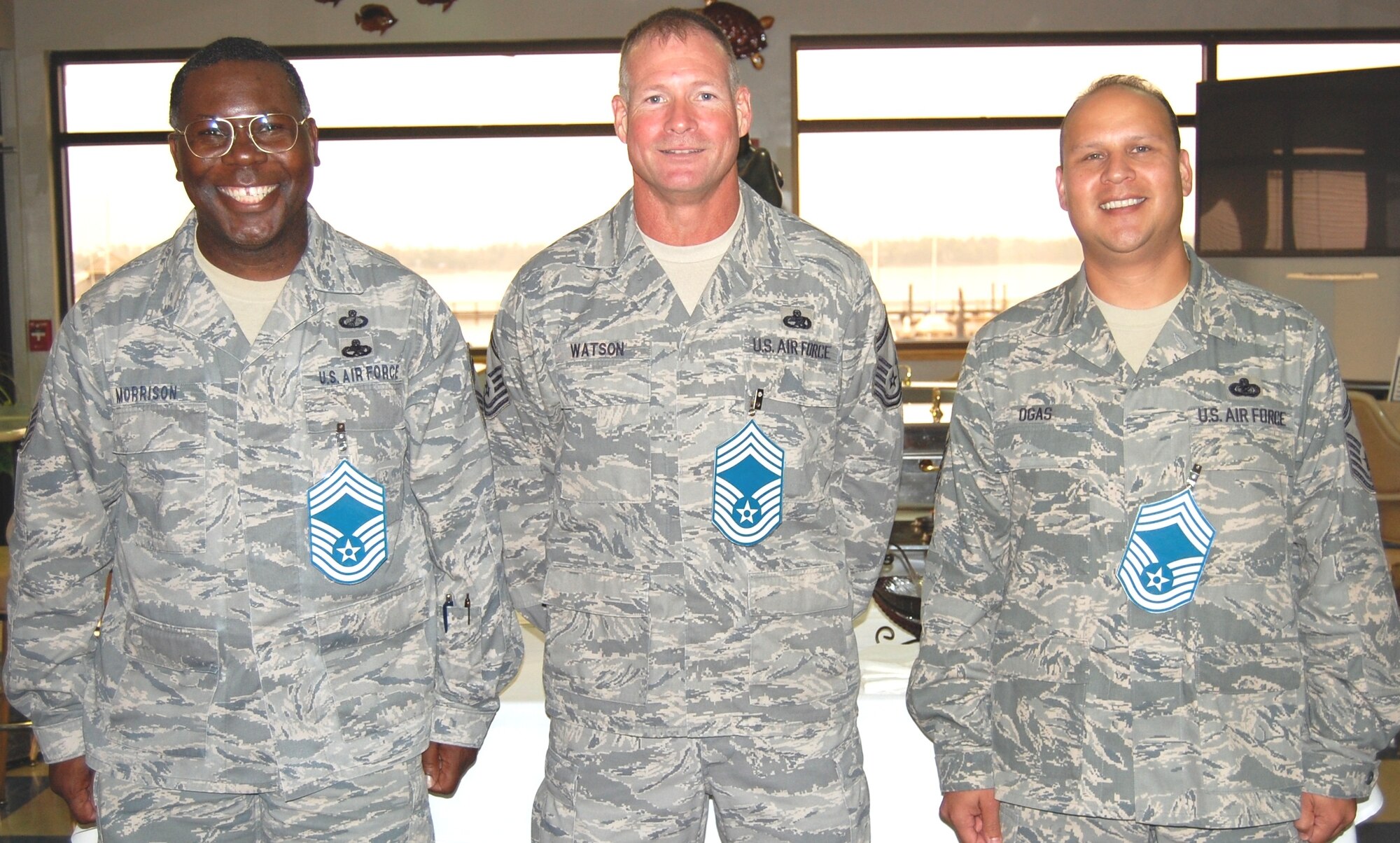 From left, Senior Master Sgts. James Morrison, Charles Watson and Danny Ogas have been selected for promotion to chief master sergeant.  Sergeant Morrison is from the 81st Comptroller Squadron, Sergeant Watson is from the 85th Engineering Installation and Sergeant Ogas is from 2nd Air Force.  (Air Force photo)