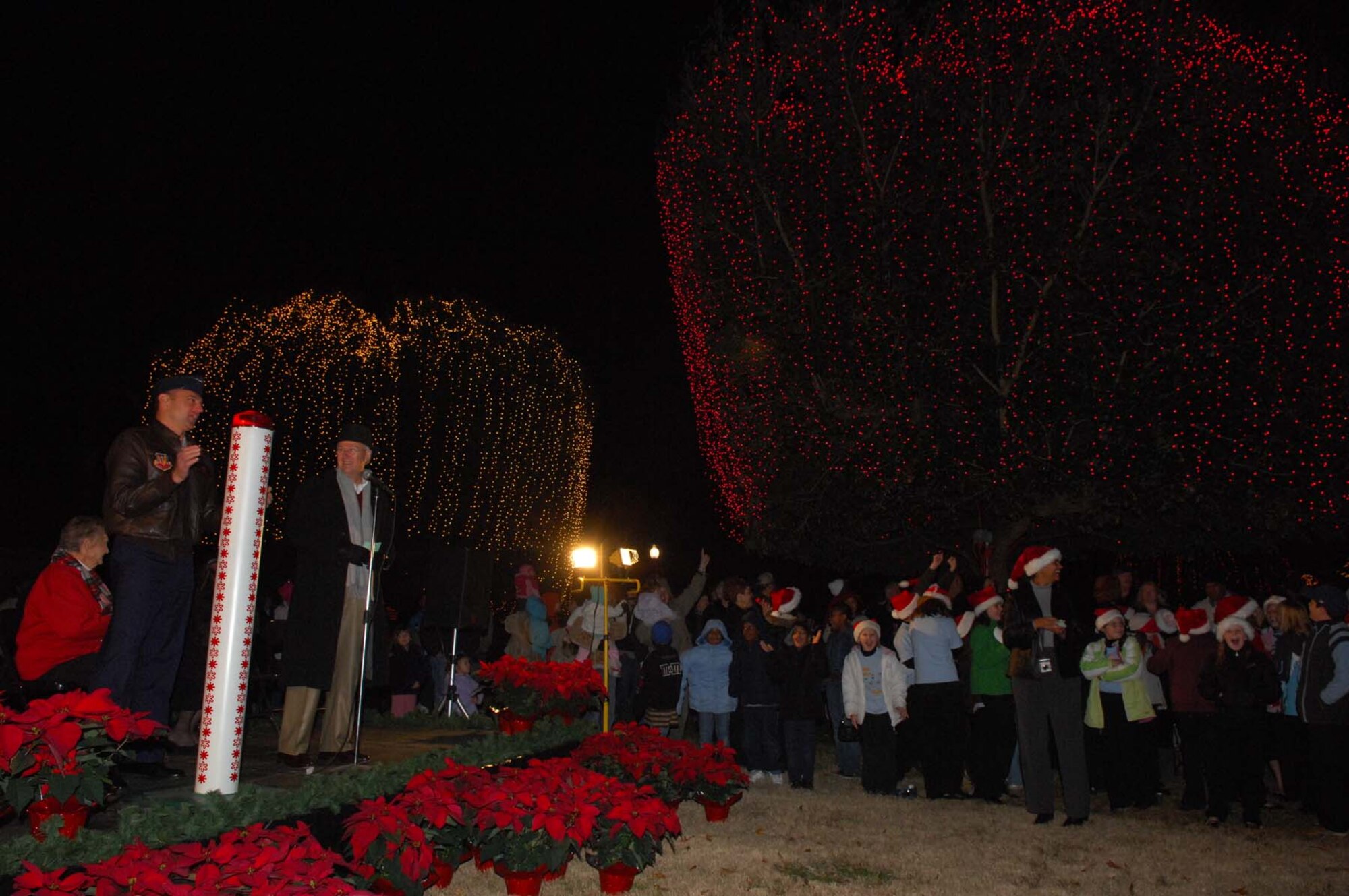 SHAW AIR FORCE BASE, SC -- Colonel Joseph Guastella, 20th Fighter Wing commander, switches on the christmas lights at Swan Lake in Sumter, South Carolina on December 2, 2008. Shaw AFB Airmen and Sumter residents participated in an annual lighting ceremony at Swan Lake. (U.S. Air Force photo/Senior Airman Matthew Davis)