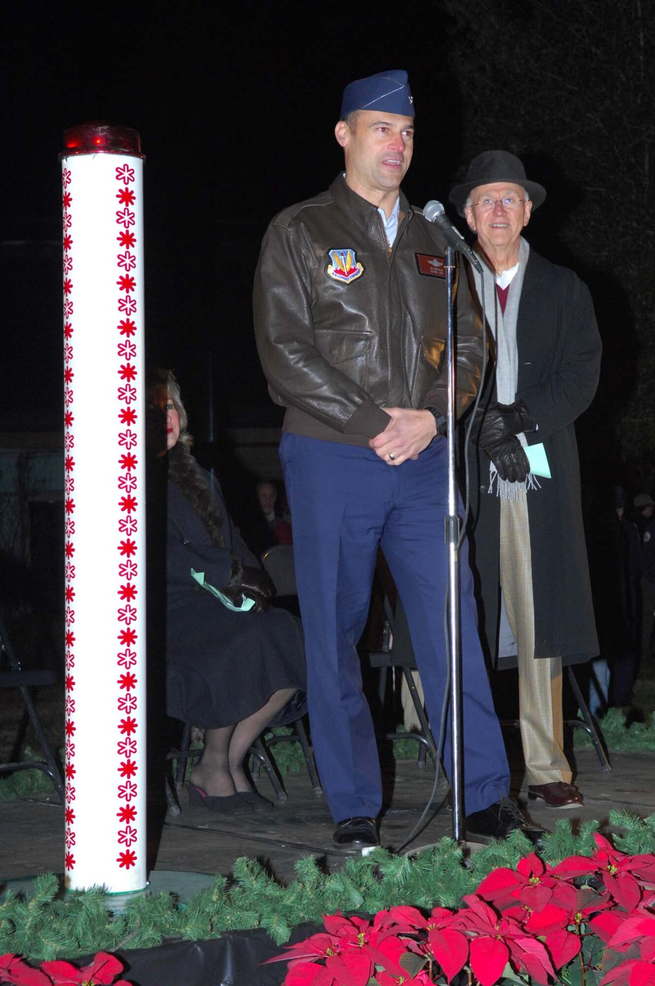SHAW AIR FORCE BASE, SC -- Colonel Joseph Guastella, 20th Fighter Wing commander, speaks to Sumter residents and Airmen at Swan Lake in Sumter, South Carolina on December 2, 2008. Shaw AFB Airmen and Sumter residents participated in an annual lighting ceremony at Swan Lake. (U.S. Air Force photo/Senior Airman Matthew Davis)