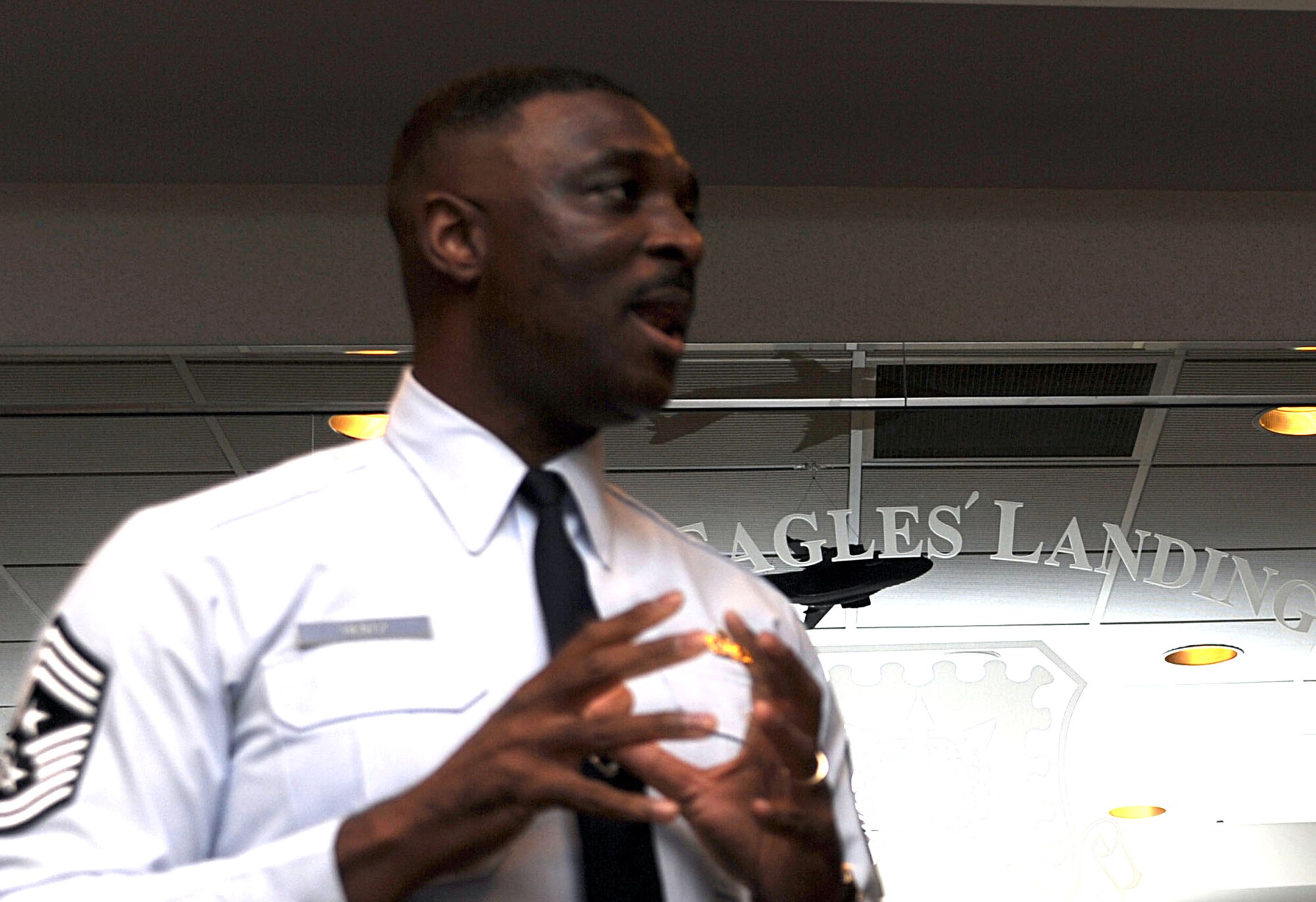 Chief Master Sgt. Fitzgerald Hentz, new command chief for the U.S. Air Force Expeditionary Center, talks to the EC "Eagles" in attendance for a "hail to the command chief" Dec. 1, 2008, in the Center.  Chief Hentz arrives after completing a deployment to Iraq.  (U.S. Air Force Photo/Staff Sgt. Nathan Bevier)