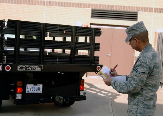 Airman 1st Class Lerma Manuel, 22nd Logistics Readiness Squadron checks the vehicle’s rear lights to ensure to the vehicles is operational by going through the vehicle in/out check list, Nov. 14. Before vehicles can leave the LRS compound, they receive a thorough inspection to ensure they can complete mission needs. (Photo by Senior Airman Anthony Mejia)