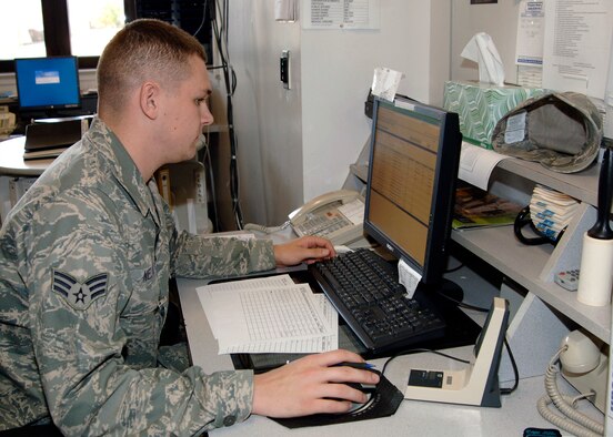 Senior Airman Mark Nieland, 22nd Logistics Readiness Squadron, verifies available vehicles by using a government vehicle tracking system called the Online Vehicle Information Management System, Nov. 14. The OLVIMS allows users to schedule vehicles to the appropriate requester to complete mission requirements.	 (Photo by Senior Airman Anthony Mejia)