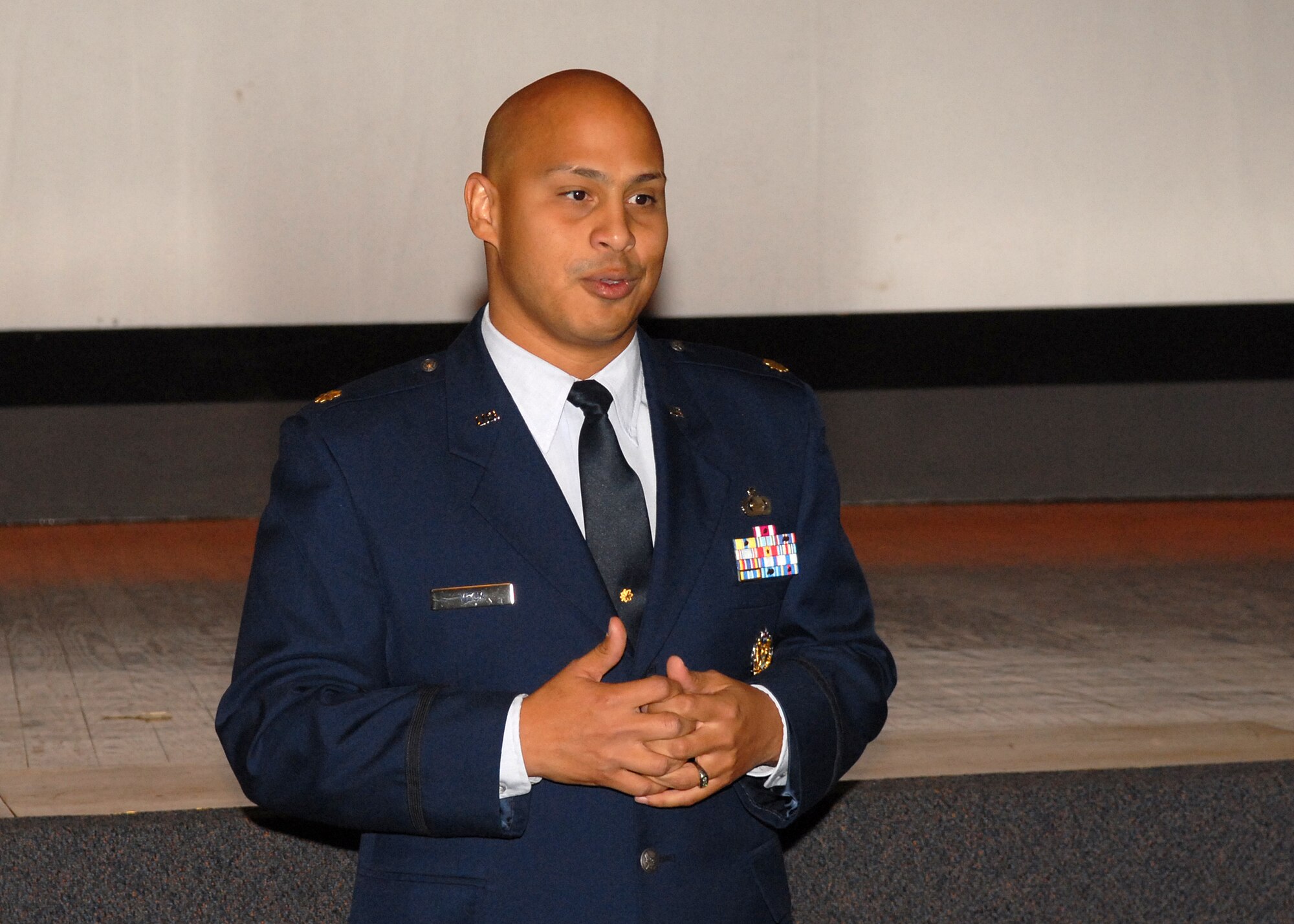 Major Sammy Vega, 316th Training Squadron director of operations, addresses the Members of Electronic Systems Security Assessment Apprentice Course class number 081007 during their graduation ceremony on Dec. 2.  This marked the final Electronic Systems Security Assessment Apprentice class that will come through Goodfellow as the career field will soon merge with another intelligence career field, Intelligence Operations.  (U.S. Air Force photo by Senior Airman Kasabyan D. Musal).