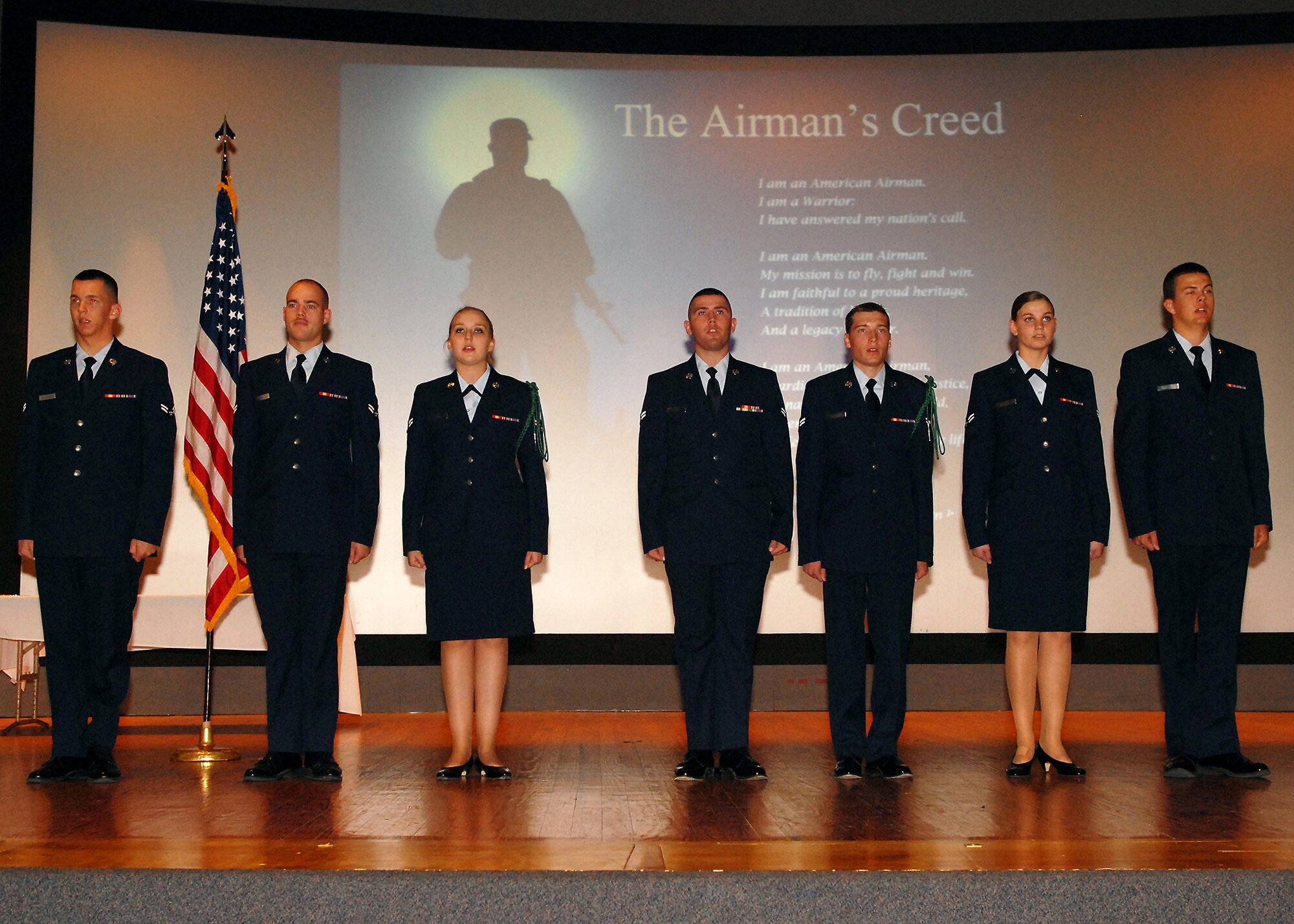 Members of Electronic Systems Security Assessment Apprentice Course class number 081007 recite the Airman's Creed during their graduation ceremony on Dec. 2.  This marked the final Electronic Systems Security Assessment Apprentice class that will come through Goodfellow as the career field will soon merge with another intelligence career field, Intelligence Operations.  (U.S. Air Force photo by Senior Airman Kasabyan D. Musal).
