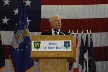 MINOT AIR FORCE BASE, N.D. -- Secretary of Defense Robert M. Gates addresses over 1000 Airmen during an all call here at Minot Air Force Base, N.D. Dec. 1. Secretary Gates reminded Airmen about the Air Force?s nuclear mission and their tradition of excellence. Secretary Gates made history as the first secretary of defense to visit Minot Air Force Base. (U.S. Air Force photo by Senior Airman Joe Rivera)