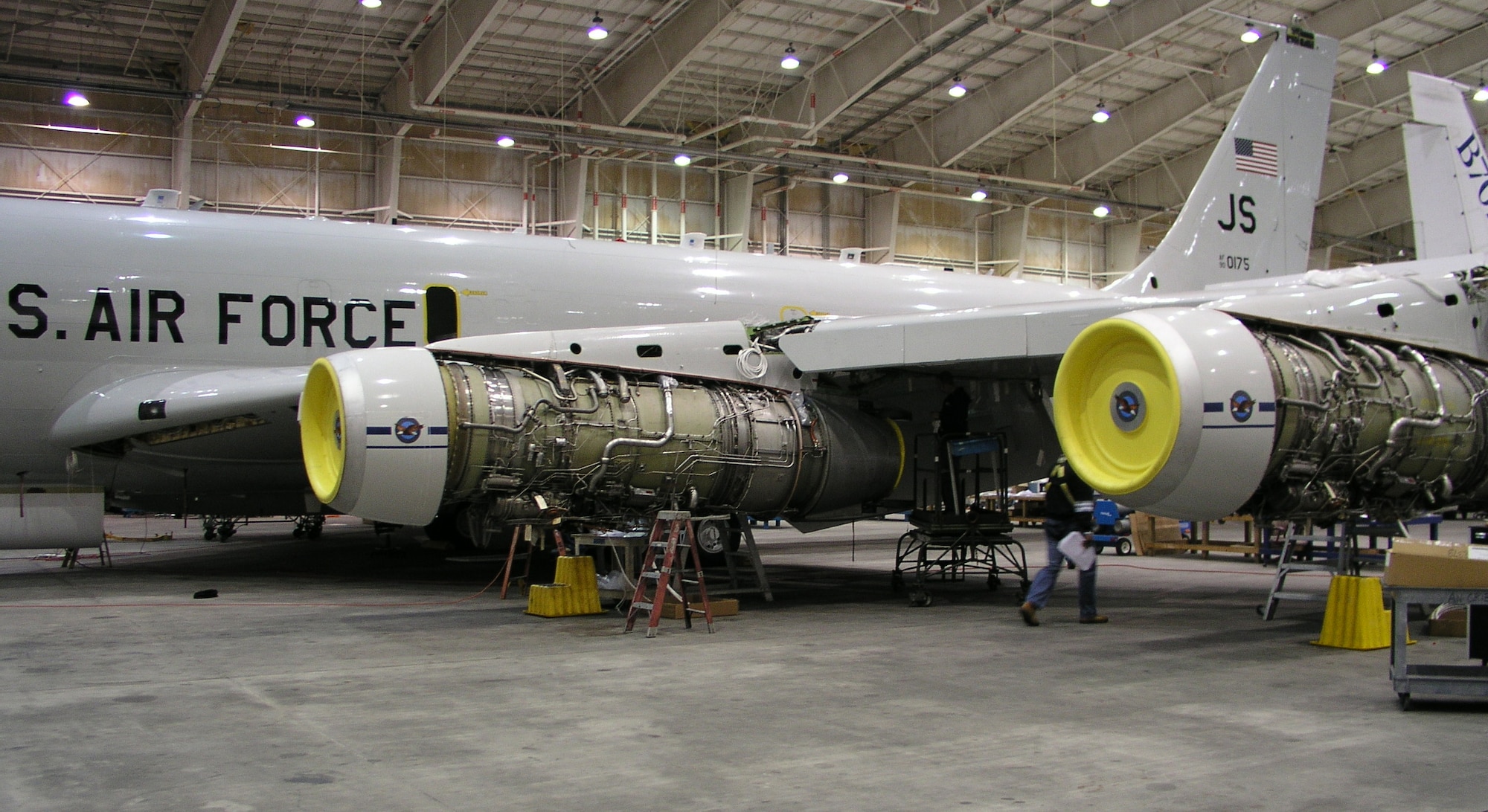 A newly installed propulsion pod system, pictured here on the E-8C Joint Surveillance Target Attack Radar System T-3 test aircraft at a prime contractor facility in Melbourne, Fla., is at the center of a major engine upgrade effort currently underway. Installation of the new engines on the aircraft is reaching its final stages, with the T-3’s first flight scheduled in the coming weeks. (Courtesy photo)
