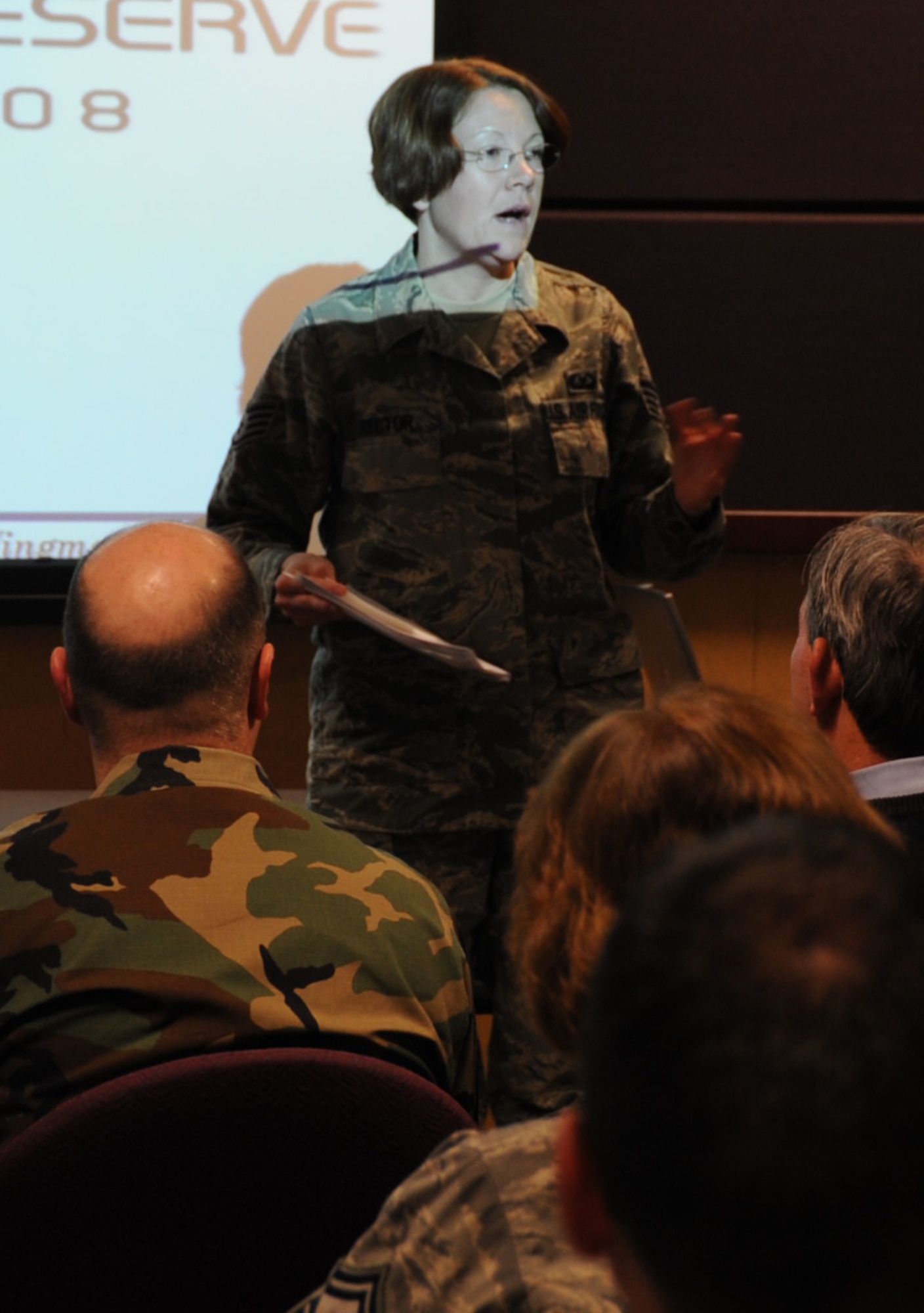 Staff Sgt. Regina Rector briefs members of a Site Activation Task Force about safety concerns during their visit to McConnell Air Force Base, Kan. Sergeant Rector, 931st Air Refueling Group ground safety manager, recently returned from safety training at Lackland Air Force Base, Texas, where she finished top in her class with a 99.6 grade average. The task force, more commonly known as a SATAF, is visiting McConnell AFB to help plan significant growth within the 931st ARG. The Group is an Air Force Reserve unit assigned to McConnell AFB. (U.S. Air Force photo/Tech. Sgt. Jason Schaap)