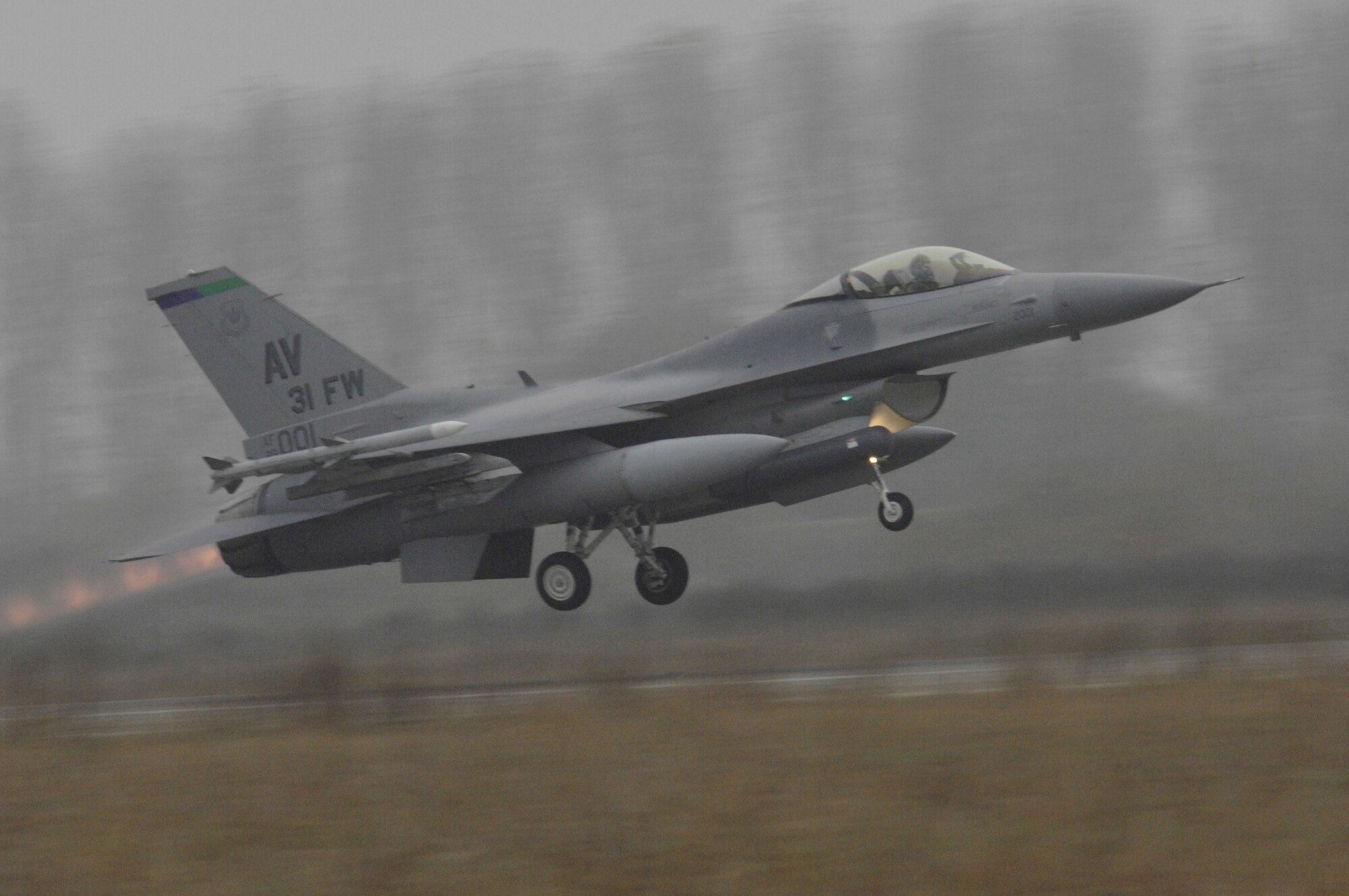 An F-16 Fighting Falcon from the 555th Fighter Squadron takes off during the 2008 Nickel Javelin exercise Nov. 6, 2008.  Nickel Javelin is a 26-day bilateral training exercise between the U.S. and Bulgarian Air Forces which took place at Graf Ignatievo Air Base, Bulgaria. Approximately 250 Airmen from Aviano Air Base participated in the exercise.  (U.S. Air Force photo/Airman 1st Class Ashley Wood)