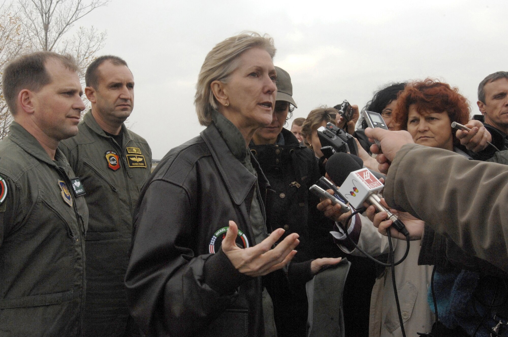 Nancy McEldowney, U.S. Ambassador to Bulgaria, speaks about the working relationship between the United States and Bulgaria during exercise Nickel Javelin on Graf Ignatievo Air Base, Bulgaria Nov. 7, 2008. Nickel Javelin is a 26-day bilateral training exercise between the U.S. and Bulgarian Air Forces. Approximately 250 Airmen from Aviano Air Base participated in the exercise.  (U.S. Air Force photo/Airman 1st Class Ashley Wood)