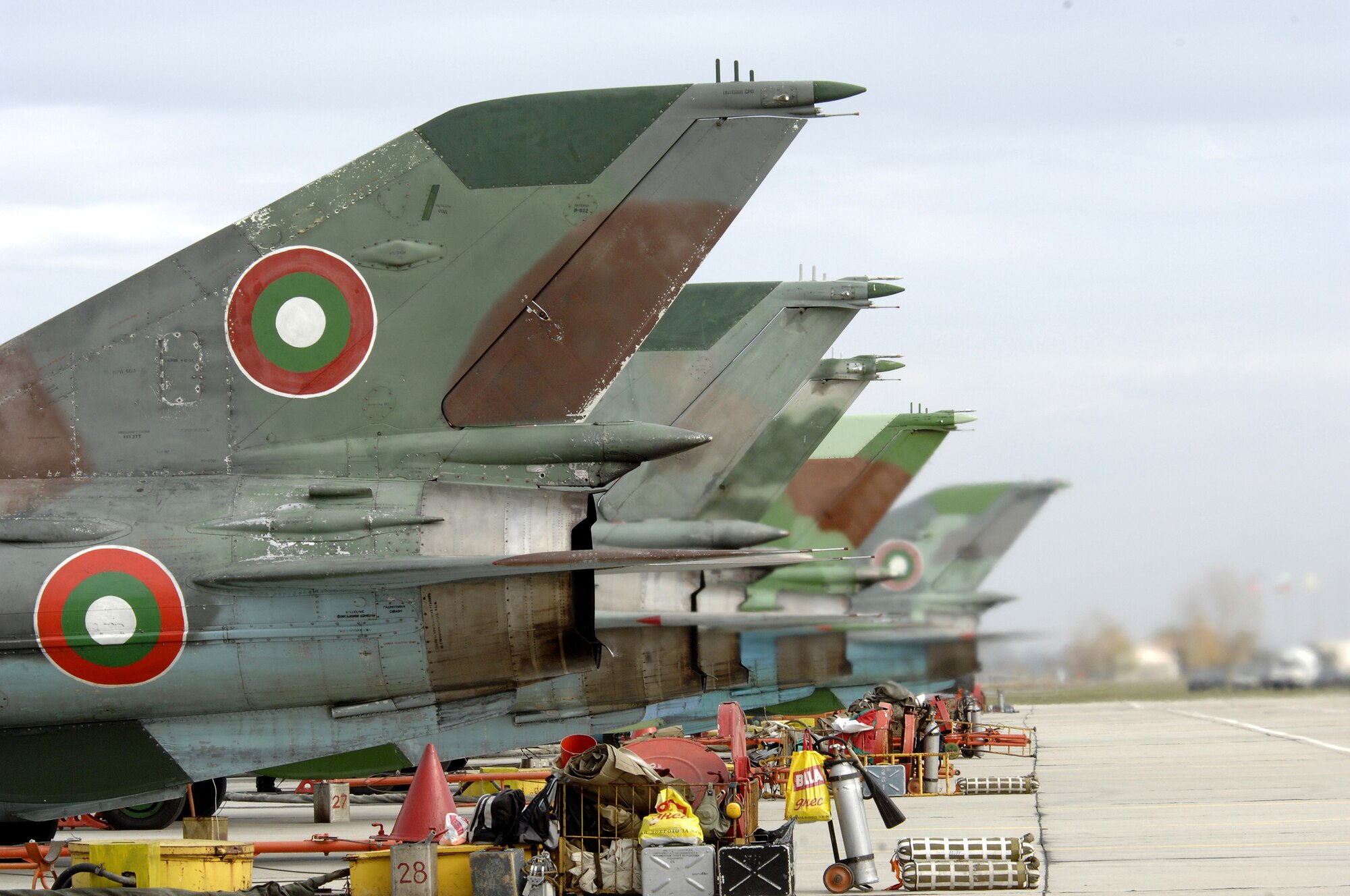 Mig-21 fighter aircrafts line up on Graf Ignatievo Air Base, Bulgaria during exercise Nickel Javelin Nov. 11, 2008.  Nickel Javelin is a 26-day bilateral training exercise between the U.S. and Bulgarian Air Forces. Approximately 250 Airmen from Aviano Air Base participated in the exercise.  (U.S. Air Force photo/Airman 1st Class Ashley Wood)