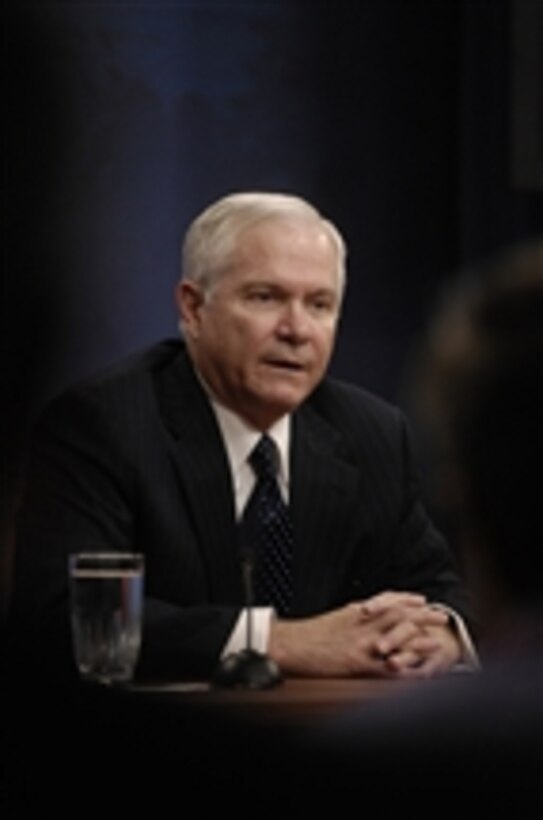 Secretary of Defense Robert M. Gates answers questions from reporters during a press briefing in the Pentagon on Dec. 2, 2008.  