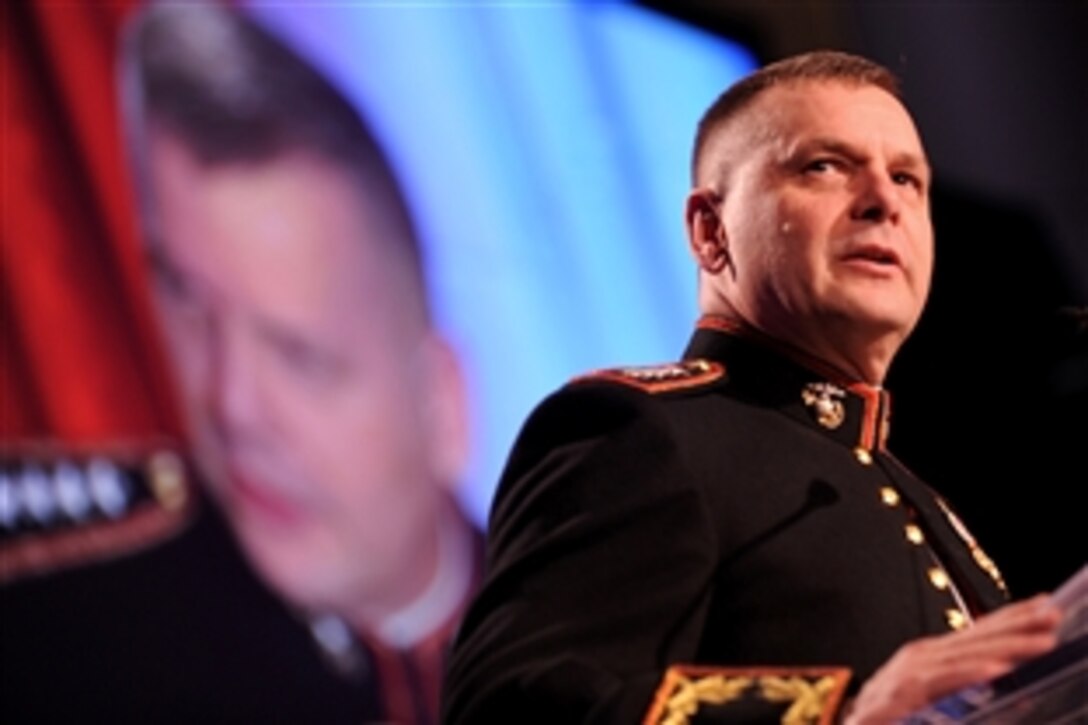 U.S. Marine Gen. James E. Cartwright, vice chairman of the Joint Chiefs of Staff, speaks about Henry Kissinger at the National Defense University Foundation American Patriot Award gala in Washington, D.C., Dec. 2, 2008. Kissinger, former secretary of state and Nobel Peace Prize laureate, received the 2008 American Patriot Award. 