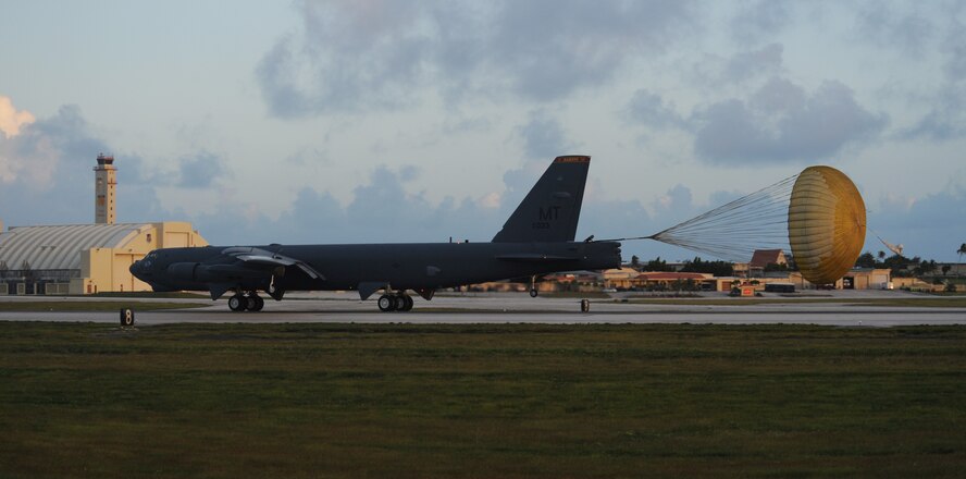 A B-52 Stratofortress from the 23rd Expeditionary Bomb Squadron from Minot Air Force Base, N.D., deploys a drogue chute upon landing at Andersen Air Force Base, Guam after a mission during an Aces North exercise. Aces North is a two week mission employment phase of the Australians version of the U.S. Air Force Weapons School.  The exercise is scheduled to end Dec. 4. The bomber's participation in constant training helps emphasize the U.S. bomber presence, demonstrating U.S. commitment to the Pacific region.

(U.S. Air Force photo/ Master Sgt. Kevin J. Gruenwald) released





















  












 

























