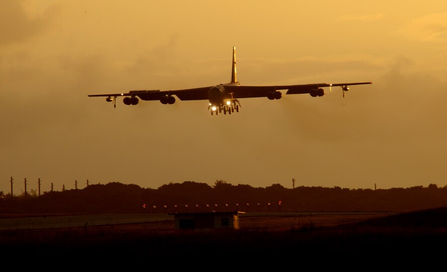 A B-52 Stratofortress from the 23rd Expeditionary Bomb Squadron deployed from Minot Air Force Base, N.D., is on final approach to Andersen Air Force Base, Guam after a mission during an Aces North exercise. Aces North is a two week mission employment phase of the Australians version of the U.S. Air Force Weapons School.  The exercise is scheduled to end Dec. 4. The bomber's participation in constant training helps emphasize the U.S. bomber presence, demonstrating U.S. commitment to the Pacific region.


(U.S. Air Force photo/ Master Sgt. Kevin J. Gruenwald) released



















  












 

























