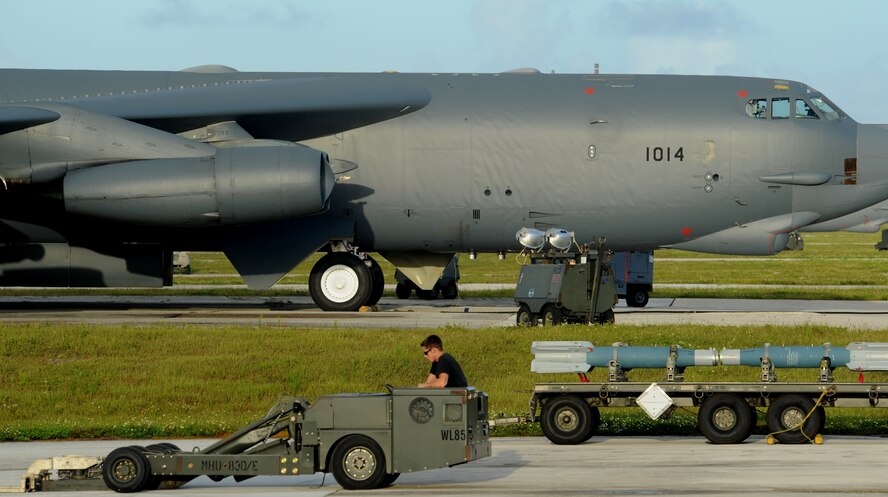 Senior Airman Dan Katris, 23rd Expeditionary Bomb Squadron weapons loader deployed from Minot Air Force Base, N.D., positions a mechanical handling unit during weapons loading on a B-52 Stratofortress Nov. 26, at Andersen Air force Base, Guam during the Aces North exercise. Aces North is a two week mission employment phase of the Australians version of the U.S. Air Force Weapons School.  The exercise is scheduled to end Dec. 4. The bomber's participation in constant training helps emphasize the U.S. bomber presence, demonstrating U.S. commitment to the Pacific region.

(U.S. Air Force photo/ Master Sgt. Kevin J. Gruenwald) released




















  












 

























